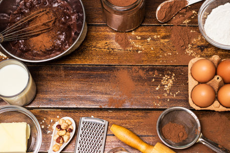 Cake baking ingredients. Ingredients for cooking chocolate pastry from above on wooden background