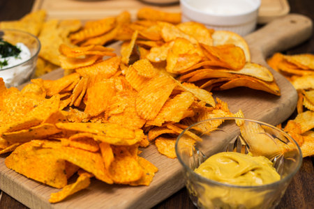 Tortilla chips on a cutting board and dipping sauce