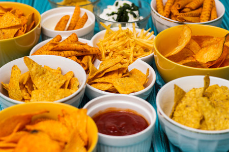 Salty snacks assortment and dipping sauceの写真素材
