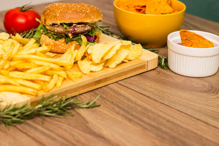 Pizza and Hamburger on wooden background with French friesの写真素材