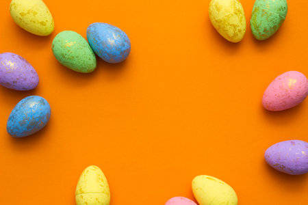 Happy Easter. Easter Eggs on color Backgroundの写真素材