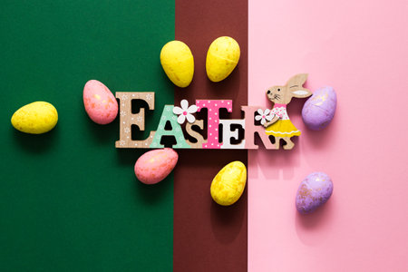 Happy Easter. Easter Eggs on color Backgroundの写真素材