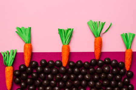 Chocolate and Easter Eggs on color Background. Happy Easterの写真素材