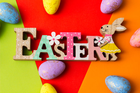 Happy Easter. Easter Eggs on color Backgroundの写真素材