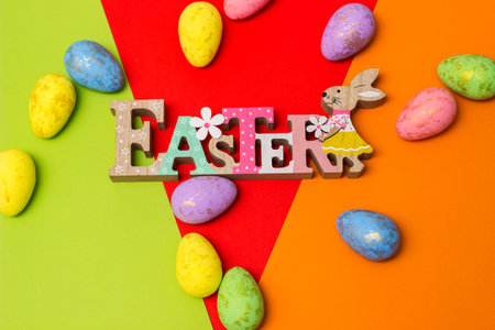 Happy Easter. Easter Eggs on color Backgroundの写真素材