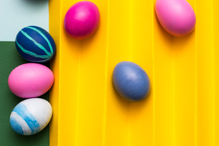 Happy Easter. Easter Eggs on color Backgroundの写真素材