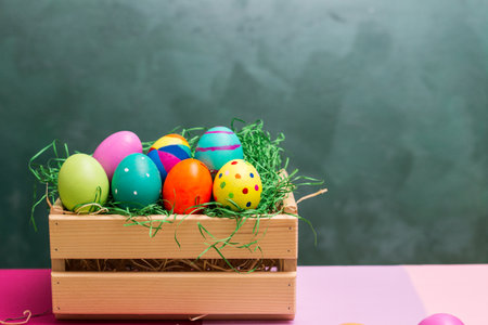 Colorful collection of easter eggs in crateの写真素材