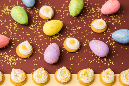 Easter cookies on colorful backgroundの写真素材