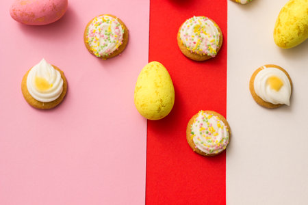Easter cookies on colorful backgroundの写真素材