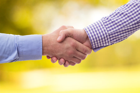 Nature's Connection: Embracing collaboration with a Handshake against a serene nature backgroundの写真素材