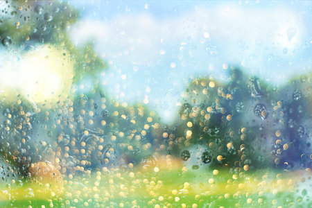 Spring/summer nature background. Water drop on leaf and flowers with copy spaceの写真素材
