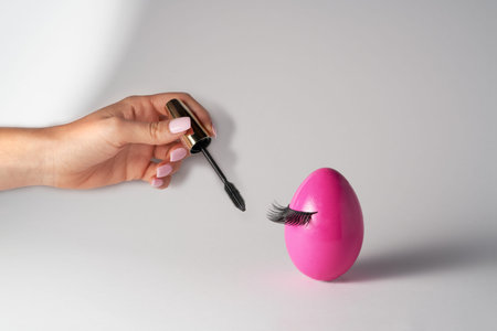 Womanâs hand holding eye mascara to apply on lashes on pink Easter egg. Make up and beauty Easter concept. Creative minimal Easter composition.の写真素材