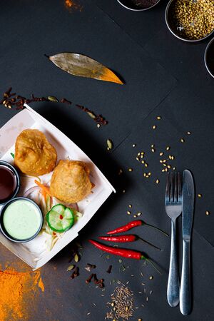 Indian food on a dark background, in paper utensils, photos for menus and advertising. Additives and spicy spices.の写真素材