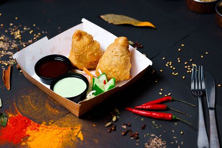 Indian food on a dark background, in paper utensils, photos for menus and advertising. Additives and spicy spices.の写真素材