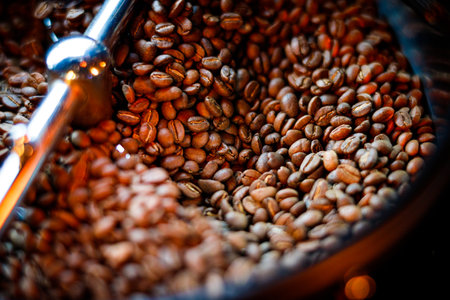 Coffee beans in a coffee machine, in dark colors.の写真素材