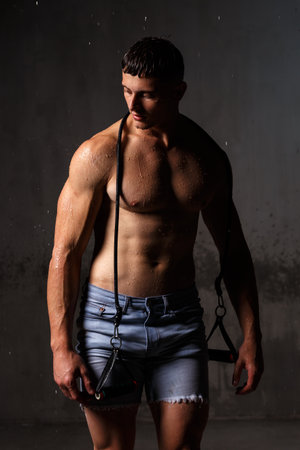 Athlete bodybuilder trains in the studio in the rain.の写真素材