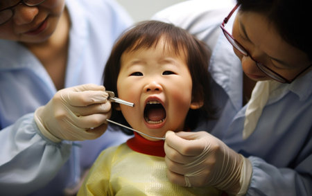 Child at the dentists appointment. Treatment of a childs teeth.の素材