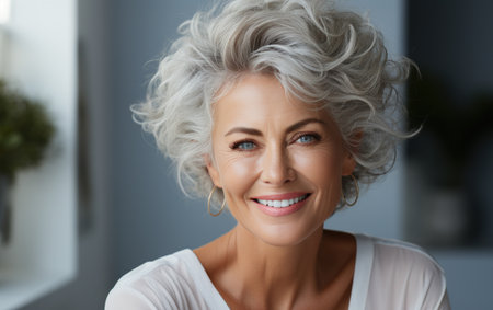 Beautiful smile of an elderly lady, white background,の素材