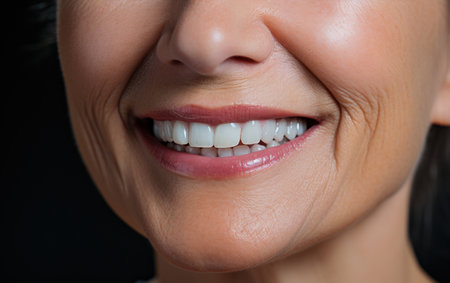 Beautiful smile of an elderly lady, white background,の素材