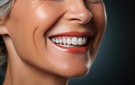 Beautiful smile of an elderly lady, white background,の素材