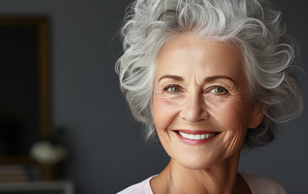Beautiful smile of an elderly lady, white background,の素材
