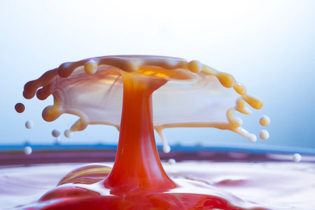 Water sculpture. Double Drop splash. Water umbrella.  Falling water drops break each other- Freeze frame motion.の写真素材