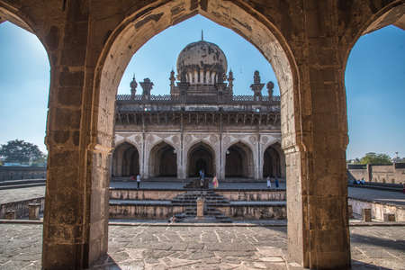 Vijaypura, India - February 15, 2019: The construction was between the 15th to 17th century of the Ibrahim Roza and the mosque built in the walled garden facing the ornamental pond. This was located at about 2 km from Bijapur on the western outskirts of tのeditorial素材