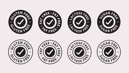 gluten free icon, fat free icon, lactose free icon, sugar free icon, black color vector illustrationのイラスト素材