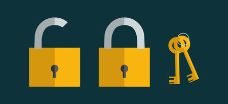 lock pad and key set, locked and unlocked  flat vector illustrations, yellow color