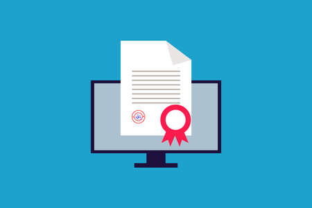 online certification flat vector illustration, Certificate with monitorのイラスト素材