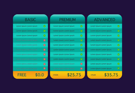 Vector Pricing table template, Design element for website, Price comparison table for three product or services vector illustrationのイラスト素材