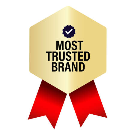 most trusted brand vector icon, golden elegant badge with red ribbonsのイラスト素材