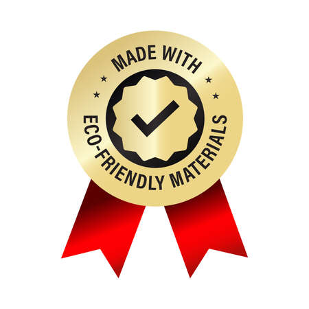 'made with Eco friendly materials' premium golden vector icon with red ribbonのイラスト素材