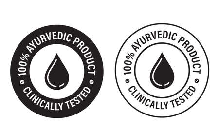 100% Ayurveda product, clinically tested vector stamp with drop icon. alternative medicineのイラスト素材