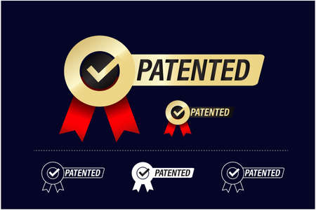 patented vector icon. premium vector golden stamp with red ribbon and tick marketのイラスト素材