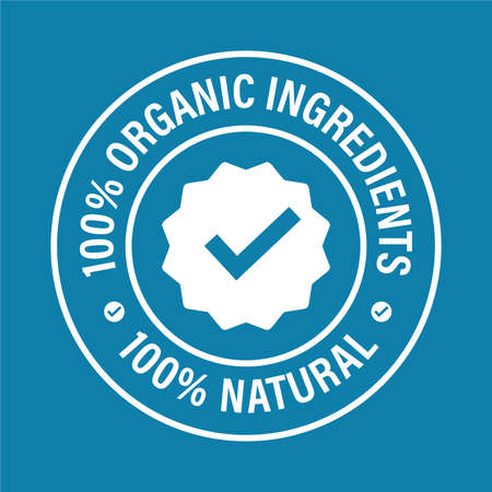 100% organic ingredients, 100% natural icon isolated on blue background, white in colorのイラスト素材