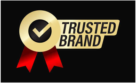 'trusted brand'premium quality golden vector icon with tick mark and ribbons isolated on dark backgroundのイラスト素材