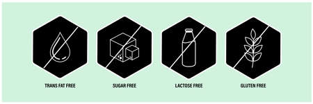 common food allergens abstract. trans fat-free, sugar-free, lactose- free and gluten free vector  iconsのイラスト素材