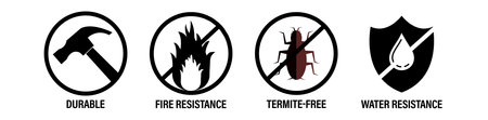 Durable, fire resistance, termite free and water resistance vector icons  black in colorのイラスト素材