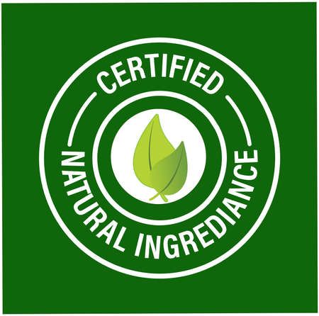 'certified natural ingrediance' with leaf icon, line art, white in colorのイラスト素材