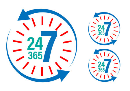 24-7 timing  abstract.  24-7-365 vector icon with clock symbol.のイラスト素材