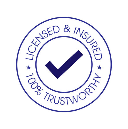 licensed insured, 100% trust worthy  vector icon with tick mark, blue in colorのイラスト素材