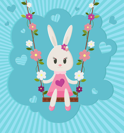 Illustration of bunny sitting on a swing decorated with flowers, and background with rays and blue hearts.のイラスト素材