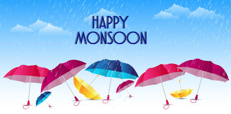 Abstract, banner or poster for Happy Monsoon with nice and creative design illustration.のイラスト素材