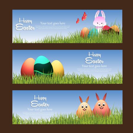 Background with  eggs, hat and landscape, vector illustration. Happy easter greeting cardのイラスト素材