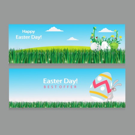 Background with  eggs, hat and landscape, vector illustration. Happy easter greeting cardのイラスト素材