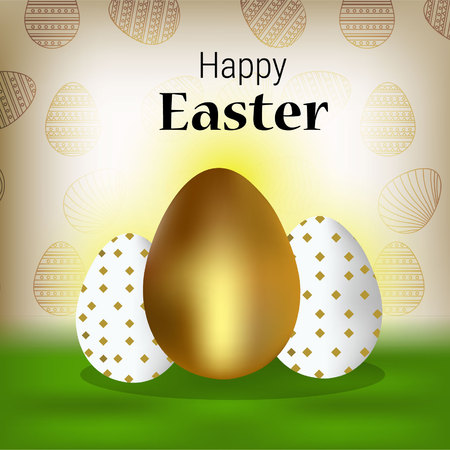 Background with eggs, hat and landscape, vector illustration. Happy easter greeting cardのイラスト素材