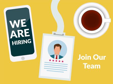 Hiring recruitment design poster. We are hiring  lettering with geometric shapes. Vector illustration. Open vacancy design template. - Vectorのイラスト素材