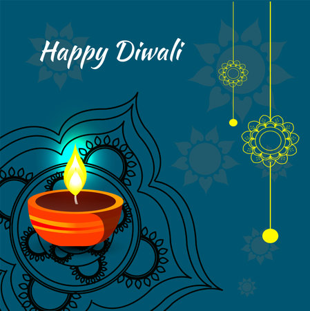 Happy Diwali greeting card with diya. Vector illustration.のイラスト素材