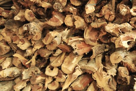 Fuel wooden logs arrange in the shed at village housesの写真素材